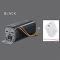 Black portable power bank with solar panel, showing USB ports and car charging socket