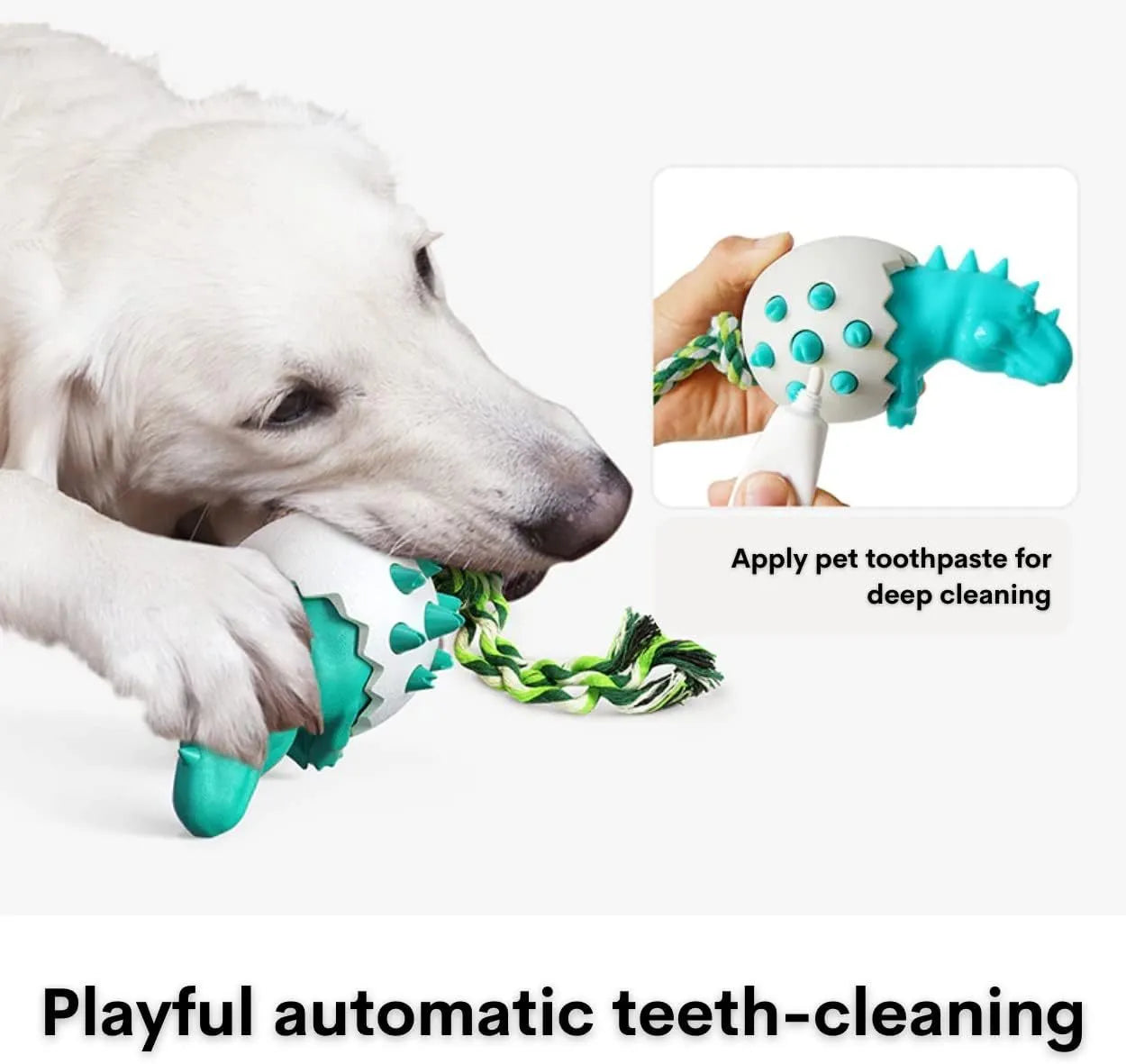 Blue durable rubber dinosaur dog chew toy with integrated rope for aggressive chewers.