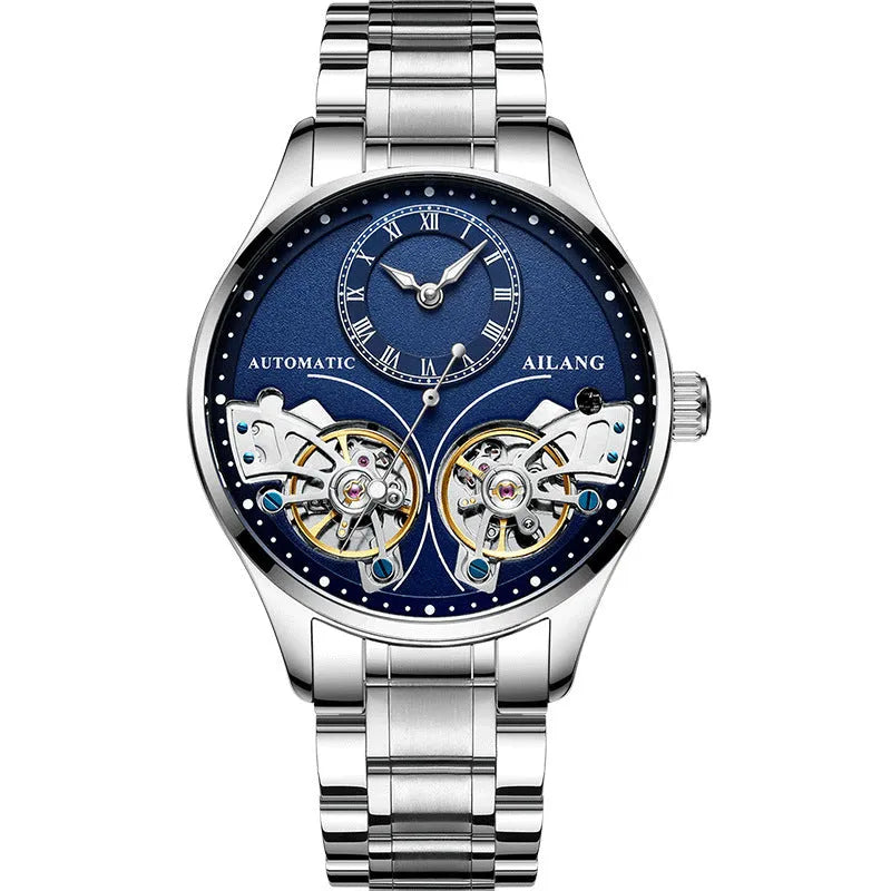 Automatic men's wristwatch with titanium case, round black dial showing tourbillon and moon phase.