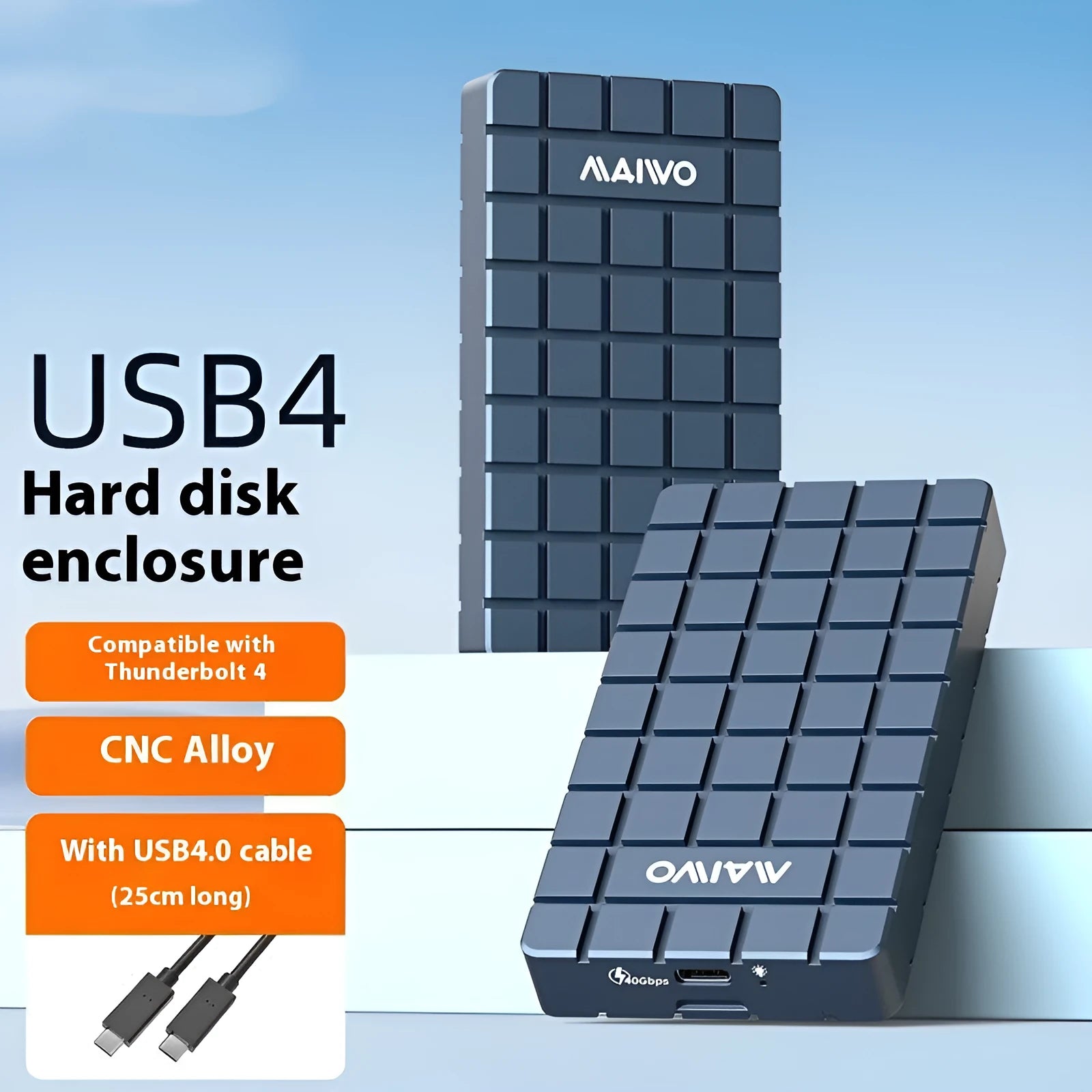 Aluminium USB4 hard disk box for solid state drives measuring 50mm by 118mm by 13mm