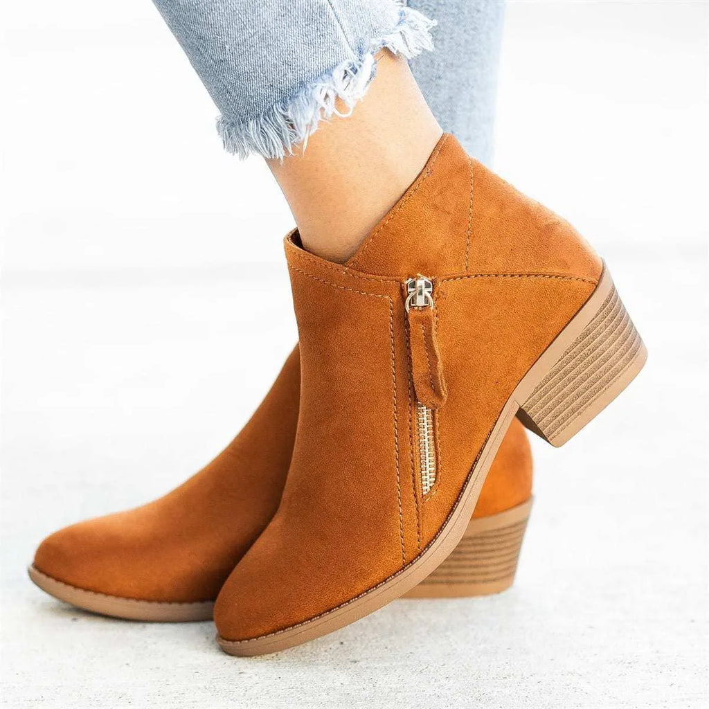 Women's blue suede ankle boots with a side zip and chunky heel, Dr. Martens style