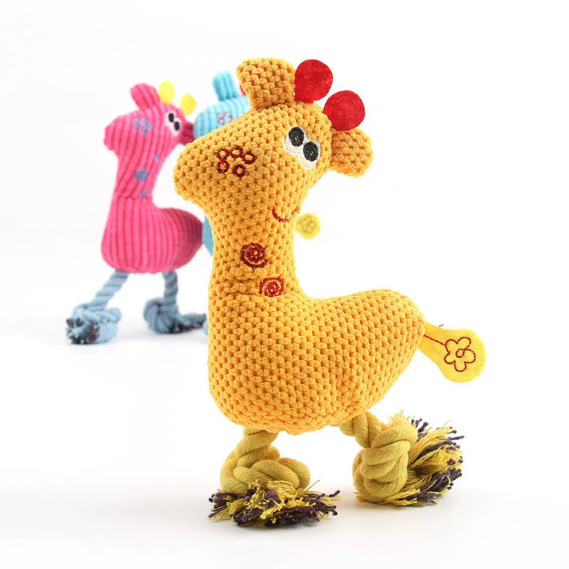 Blue deer-shaped plush dog toy with corn grain texture and squeaker