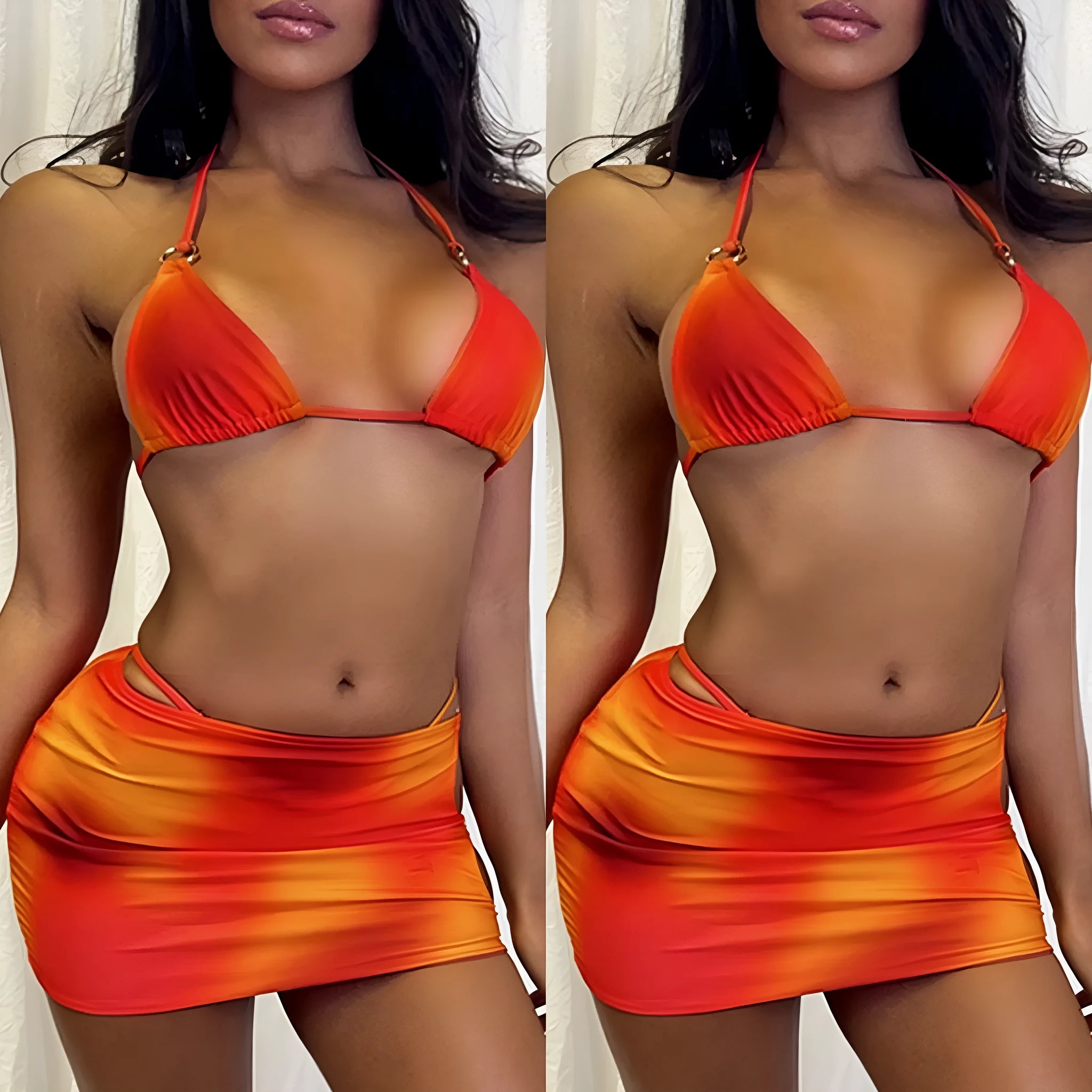 Tie-dye three-piece halter bikini swimwear set with top, pants, and skirt