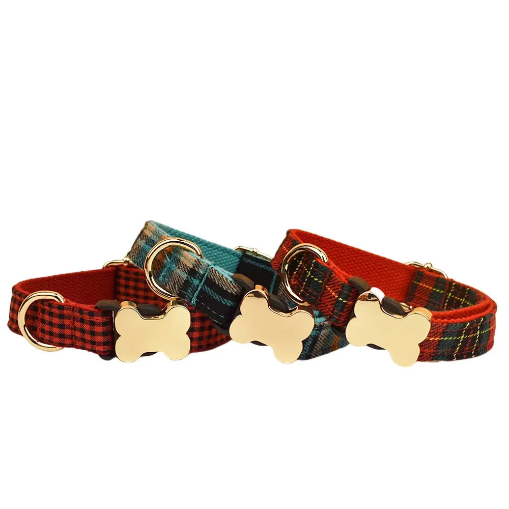 Nylon dog collar with printed grid pattern and bone-shaped metal buckle