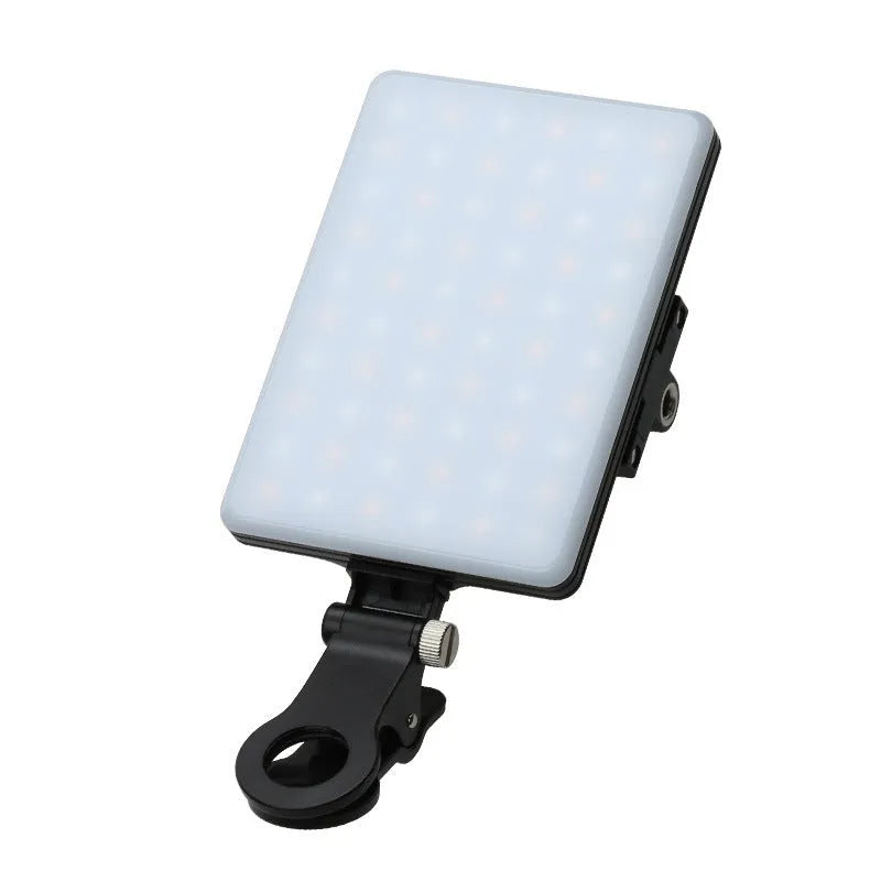 White portable LED fill light with phone mounting clip for video calls and selfies