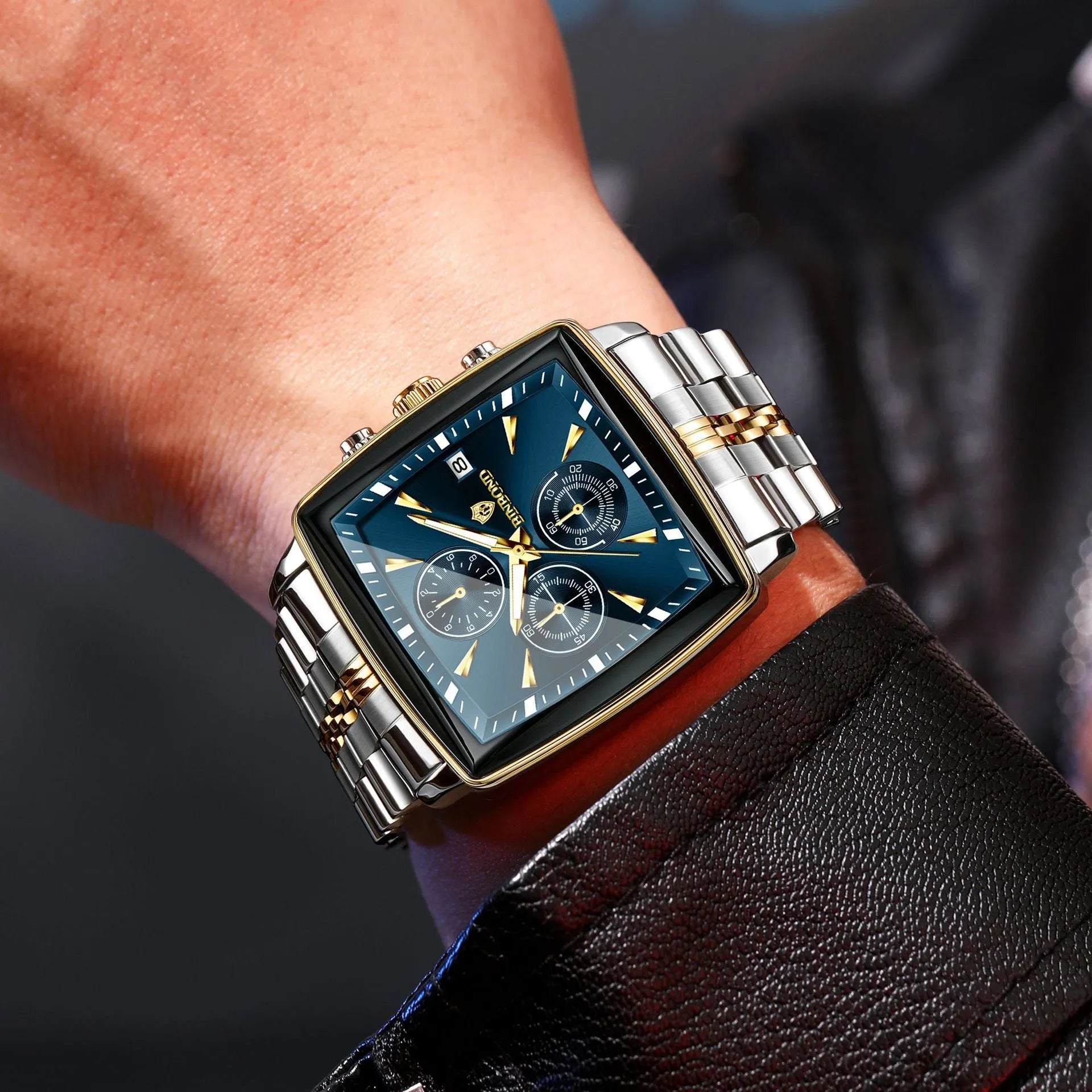 Men's rectangular quartz watch with luminous dial, stainless steel strap, and metal case in business styling