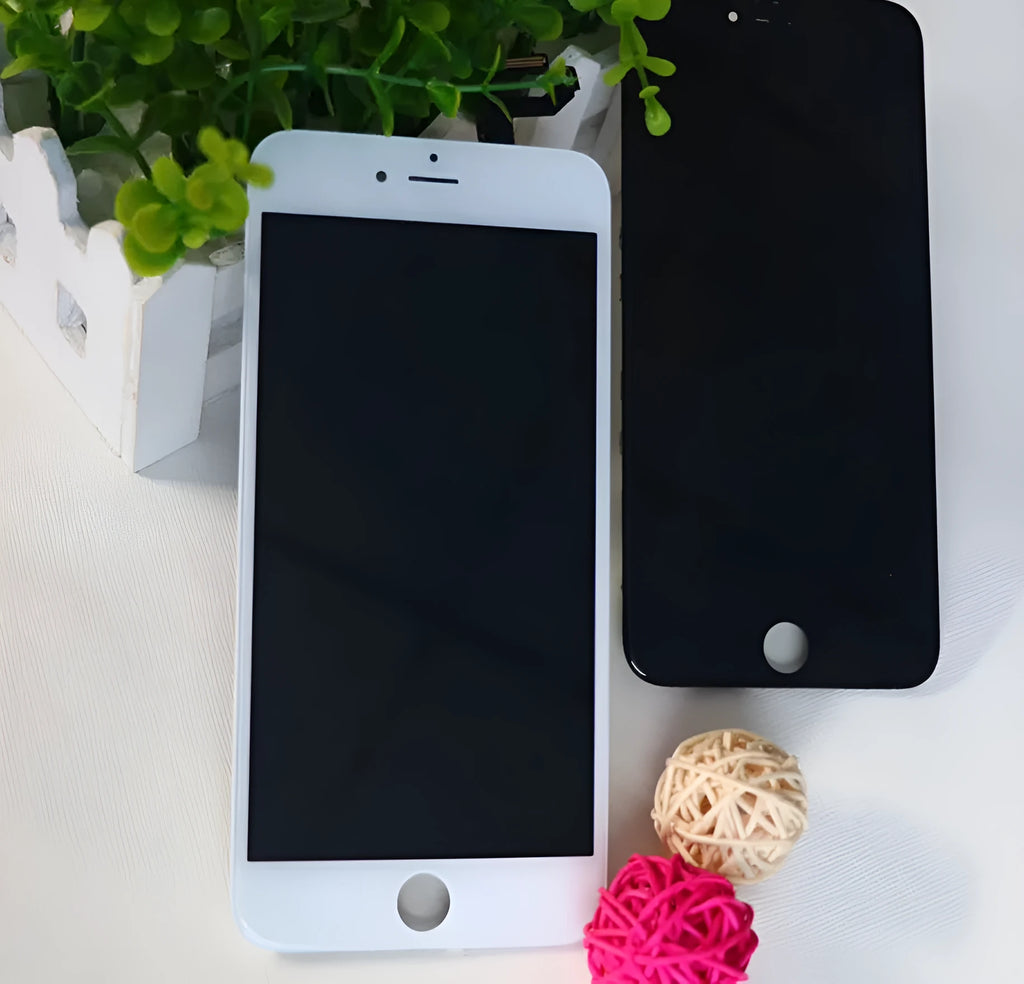 iPhone LCD touch screen replacement kit showing screen, original cover, and disassembly tool