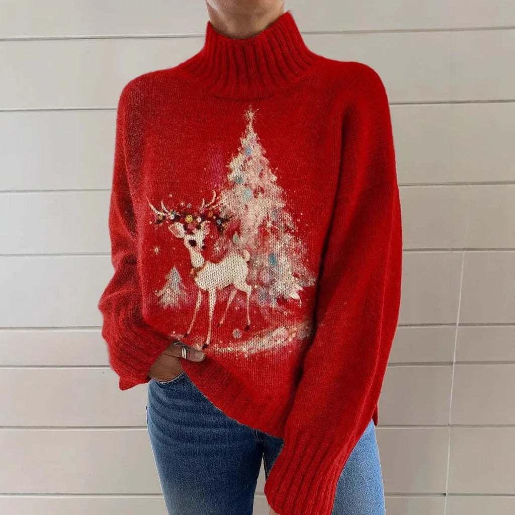 Women's printed Christmas turtleneck sweater in macaron colours with loose fit and long sleeves