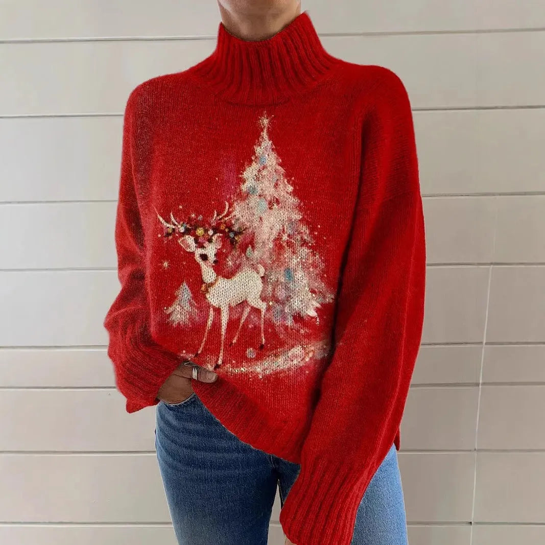 Women's printed Christmas turtleneck sweater in macaron colours with loose fit and long sleeves
