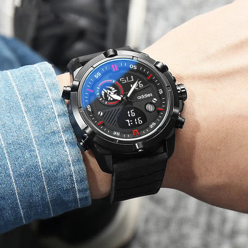 Men's sports luminous digital watch with 46mm round dial, silicone strap, and mineral glass face in black colour