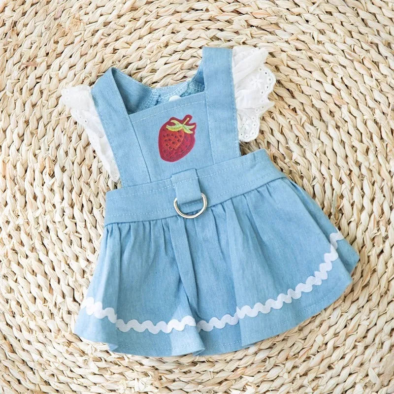 Strawberry print denim dog skirt in Bondi Blue colour with traction backing for small dogs