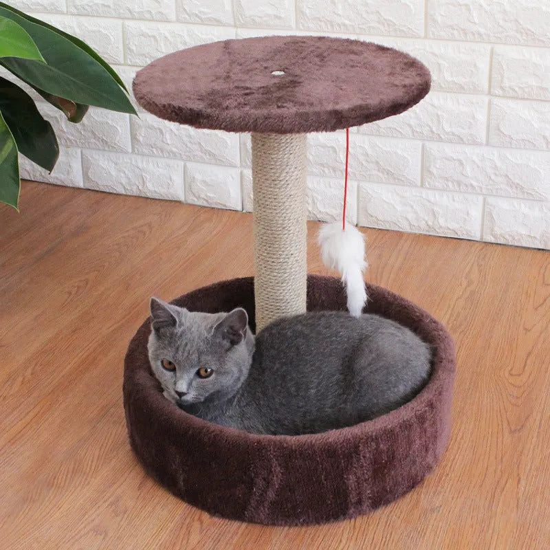 Small cat tree with plush cave and sisal scratching posts in beige, with top platform for jumping