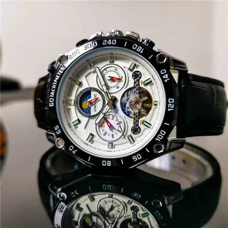 Men's automatic mechanical watch with various colour combinations showing 12mm thickness profile