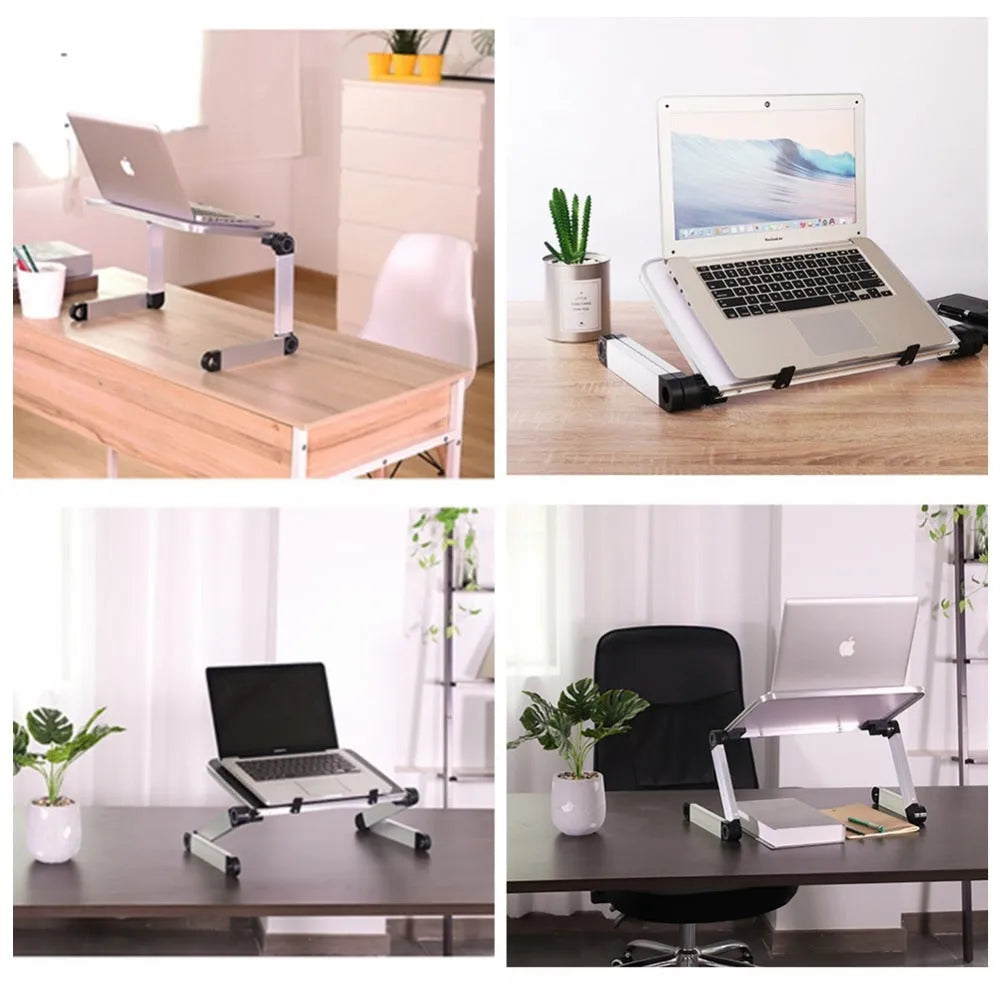 Foldable laptop stand in black and white, 360 degree adjustable angle, on a desk with laptop