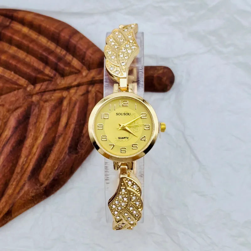 Ladies stainless steel watch with round dial and 9mm thickness in gold, black gold, or white gold