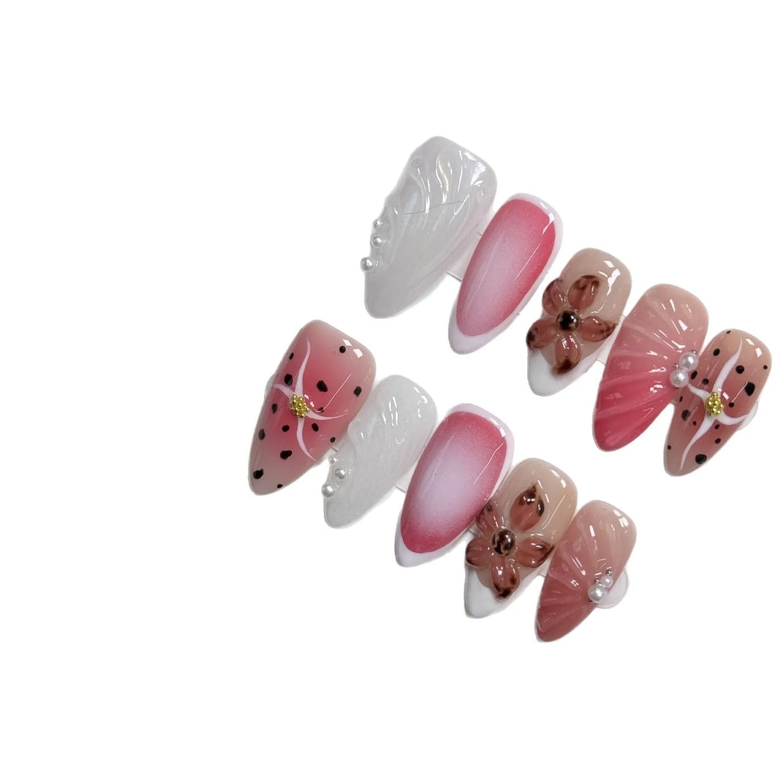 Almond-shaped nail art patch with embossed candy pattern, shown in sizes XS, S, M, L.