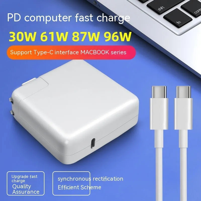 61W USB-C laptop power adapter with international plug options and white cable