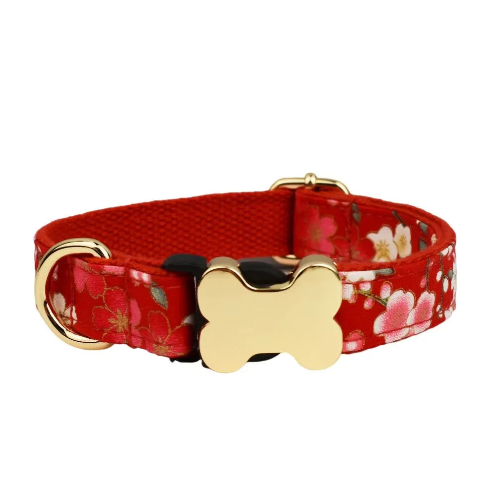 Nylon dog collar with printed grid pattern and bone-shaped metal buckle