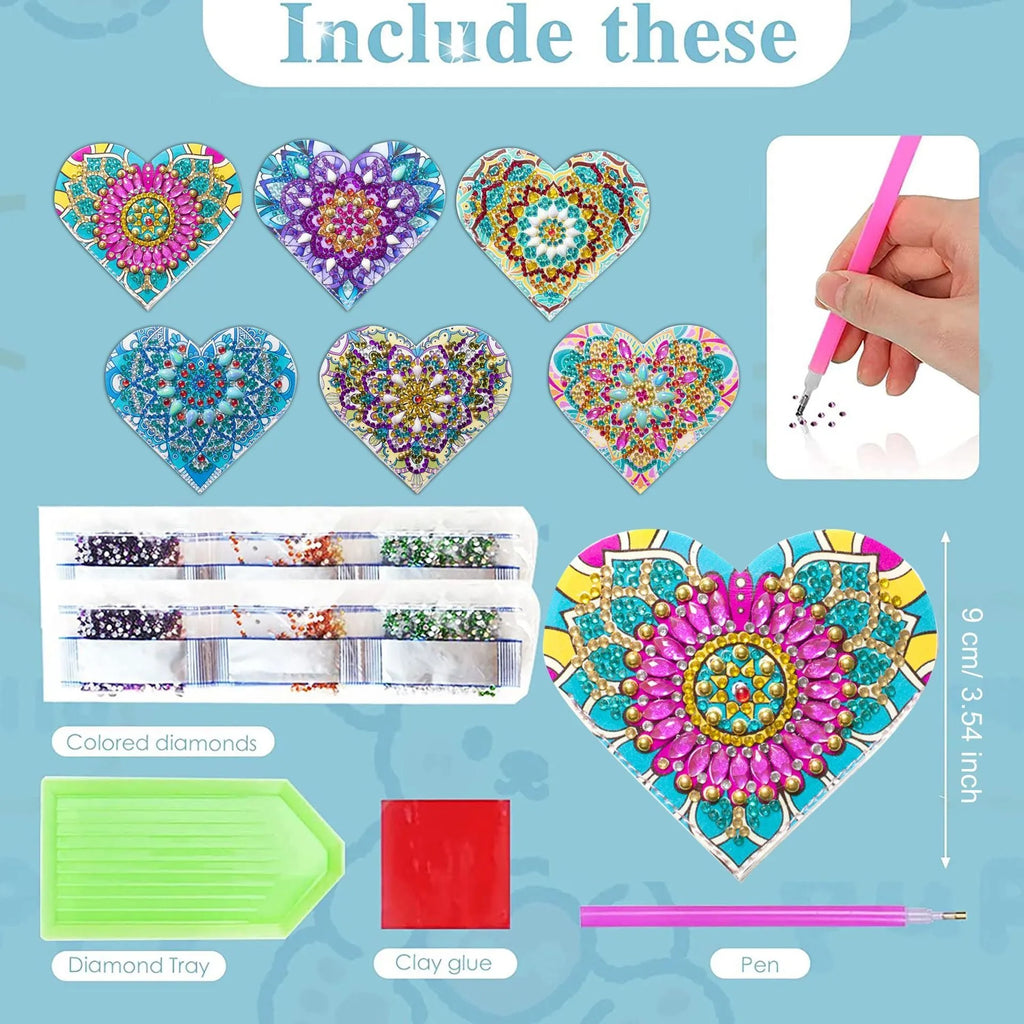 Set of six handmade PU leather bookmarks with crystal decorations and modern floral design.