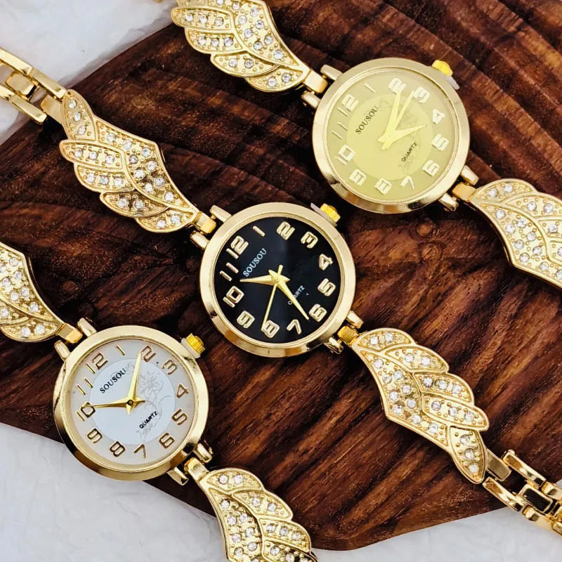 Ladies stainless steel watch with round dial and 9mm thickness in gold, black gold, or white gold