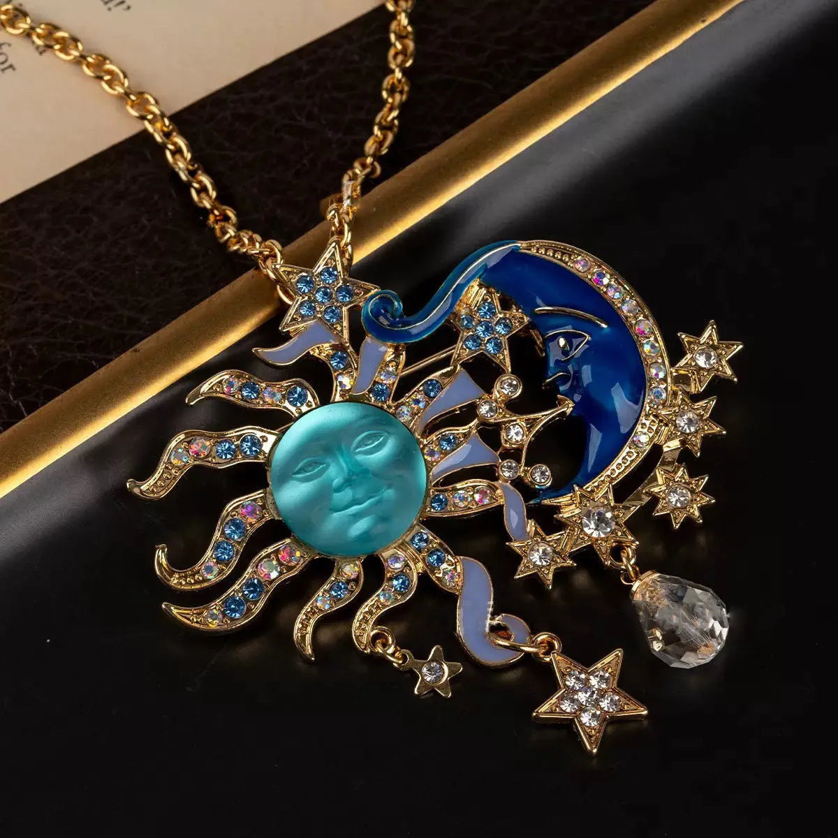 European antique Moen face sun moon pendant necklace with 925 silver brooch and adjustable alloy chain 51-60cm