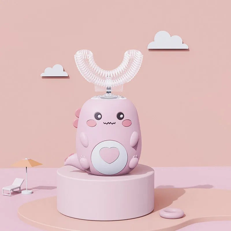 Children's electric toothbrush with food grade silicone U-shaped head, 360 degree automatic cleaning, USB charging, available in Little Dinosaur Pink, Blue, Green
