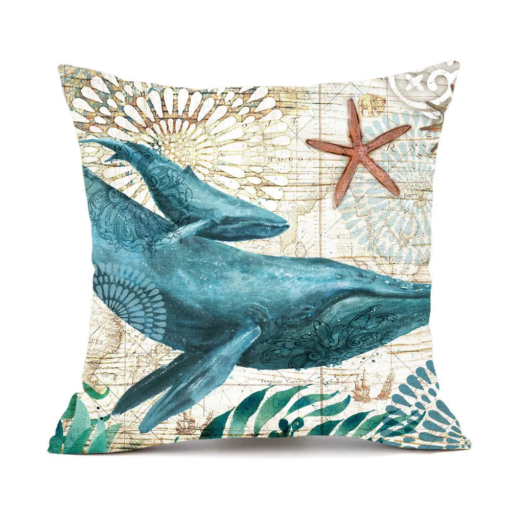 Square linen cushion cover with a detailed blue and green sea turtle print, showing the invisible zipper closure.