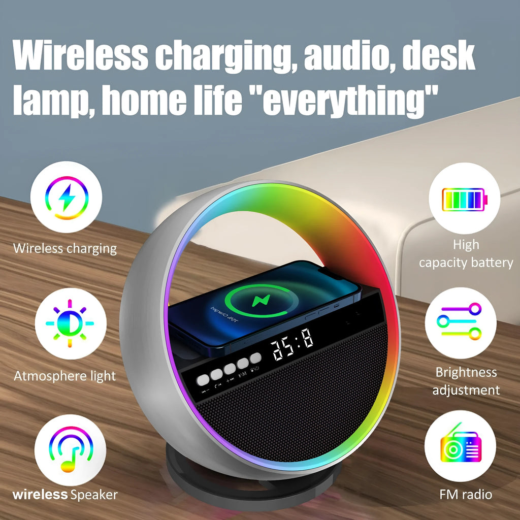 White multifunction RGB night light wireless charger and Bluetooth speaker on a desk with a smartphone on the charging pad