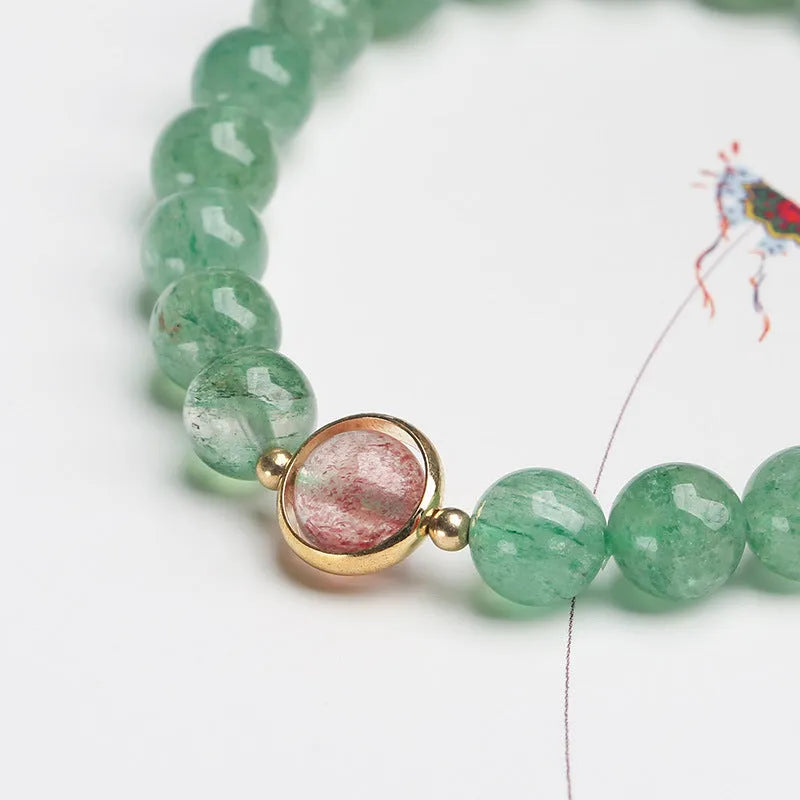Women's green strawberry quartz 7.5mm bead bracelet with hand-woven Chinese style auspicious patterns