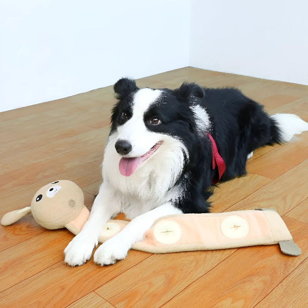 Poached bunny coloured plush dog toy with food compartments measuring 650mm long