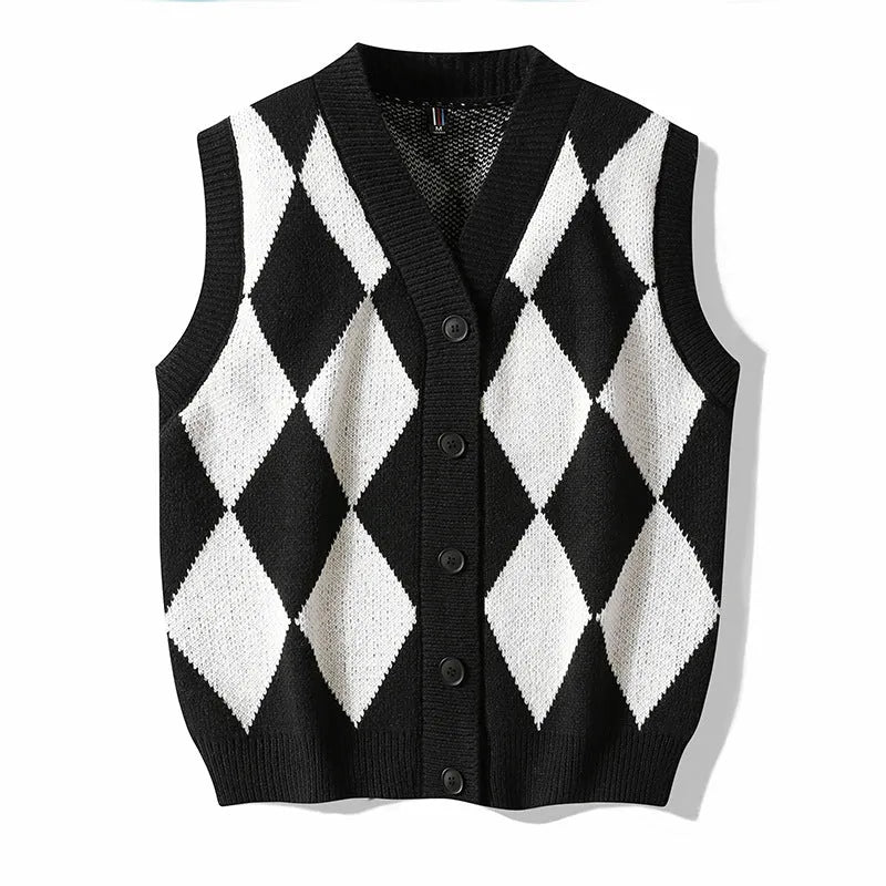 Men's V-neck cardigan sweater vest in solid colour, loose fit, sleeveless, spring autumn leisure wear