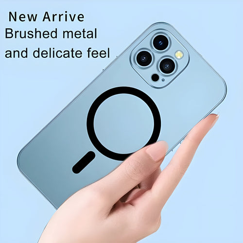 Aluminium alloy frame magnetic protective phone case for iPhone, shown in dark purple colour with nickel piece.
