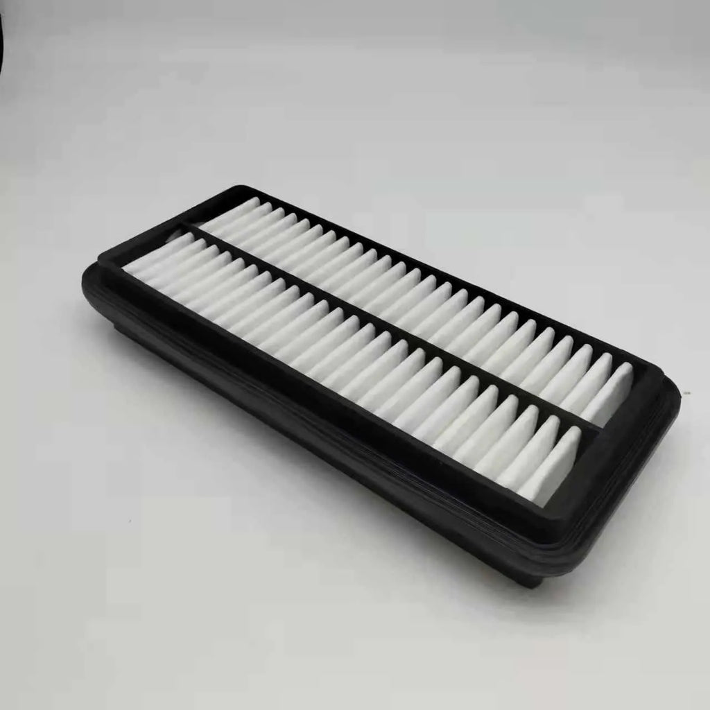Black rectangular car air filter measuring 256mm by 113mm by 40mm dimensions