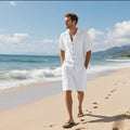 Men's linen blend short sleeve beach shirt and matching shorts in a light blue colour.