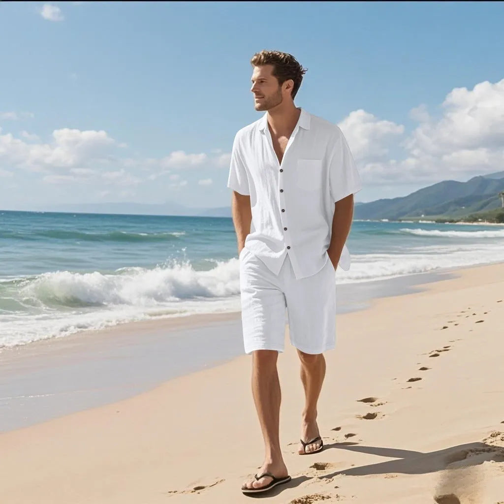 Men's linen blend short sleeve beach shirt and matching shorts in a light blue colour.