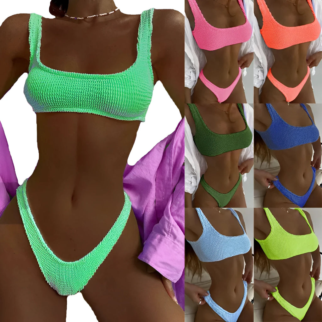 Crinkle bikini swimsuit in macaron colours for women – polyester solid colour split two-piece with chest pad, S-XXL