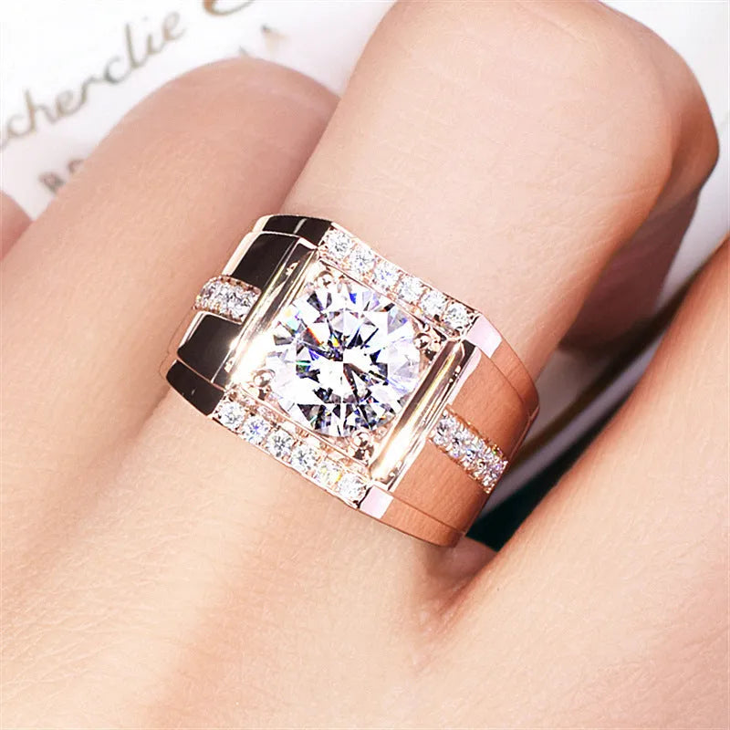 Men's adjustable open mouth imitation moissanite ring in electroplated copper with diamond geometry