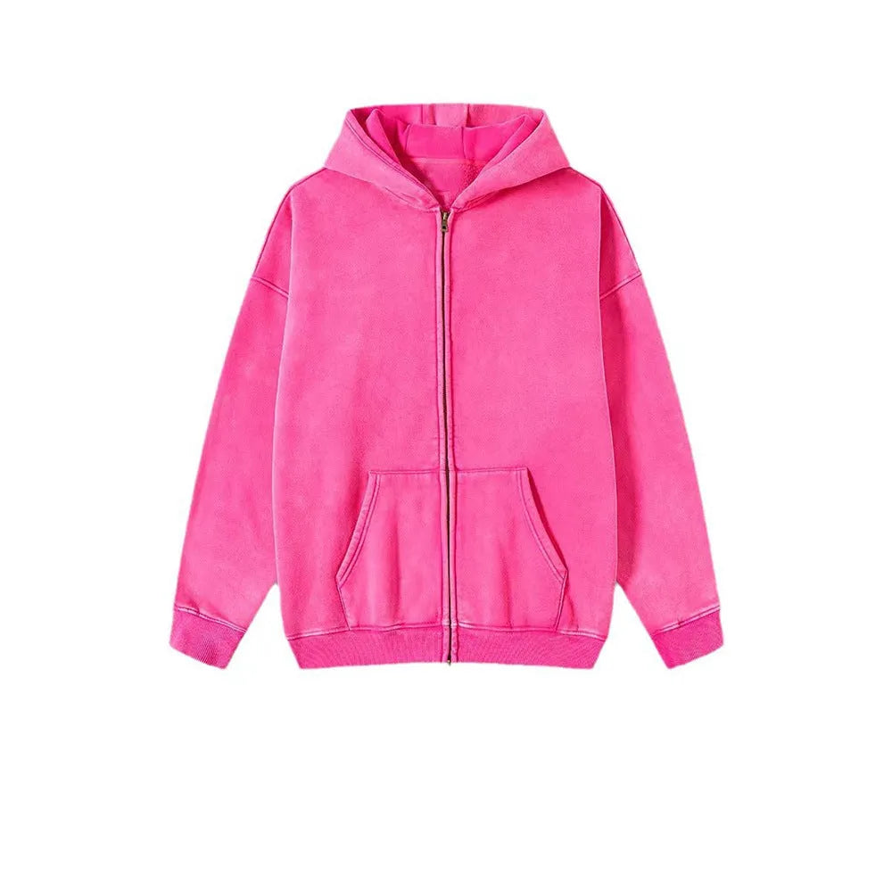 Men's washed cotton hooded cardigan with fleece lining and double zipper front.