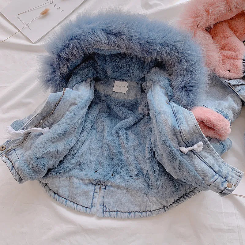 Girl's blue denim coat with an attached hood and plus velvet lining, shown on a hanger.