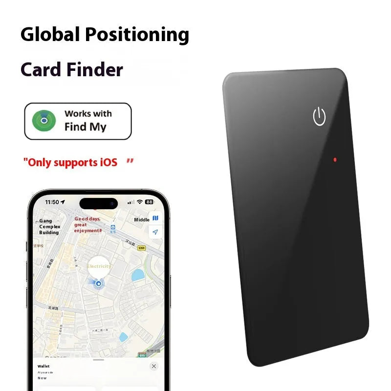 Black NFC pet tracking card with wireless charging, measuring 85mm by 54mm with hanging hole