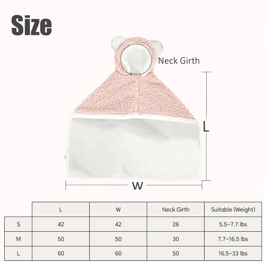 Teddy bear polar fleece pet cape blanket with hood for dogs cats, available in brown gray pink sizes S M L