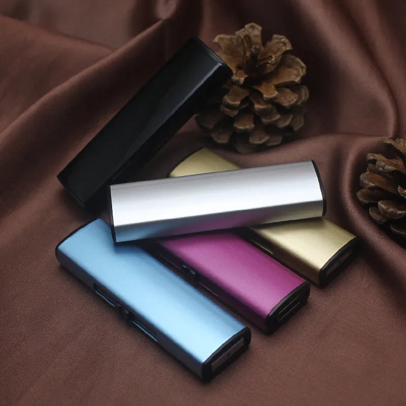 Set of 20 rechargeable metal windproof cigarette lighters in assorted colours with USB charging cable.