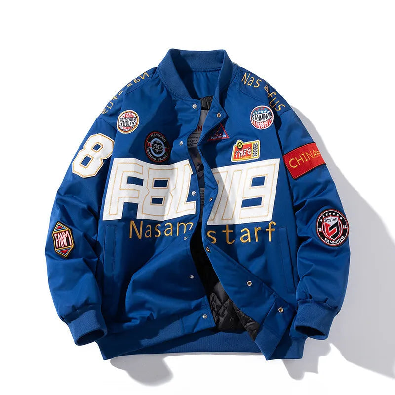 American motorcycle baseball uniform jacket in black, red, or blue with removable hood and cotton-padded lining
