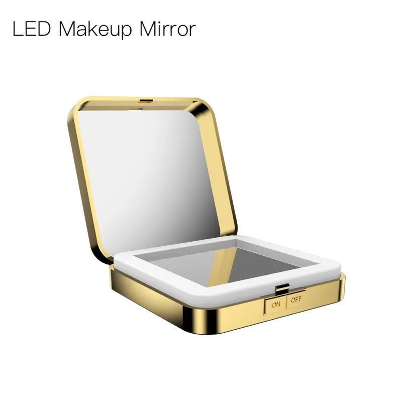 LED makeup mirror with magnification showing adjustable lighting controls and dual mirror surfaces