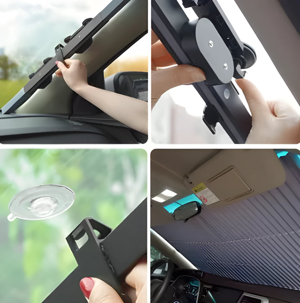 Car sun visor with aluminised film surface measuring 46cm clipped onto vehicle window