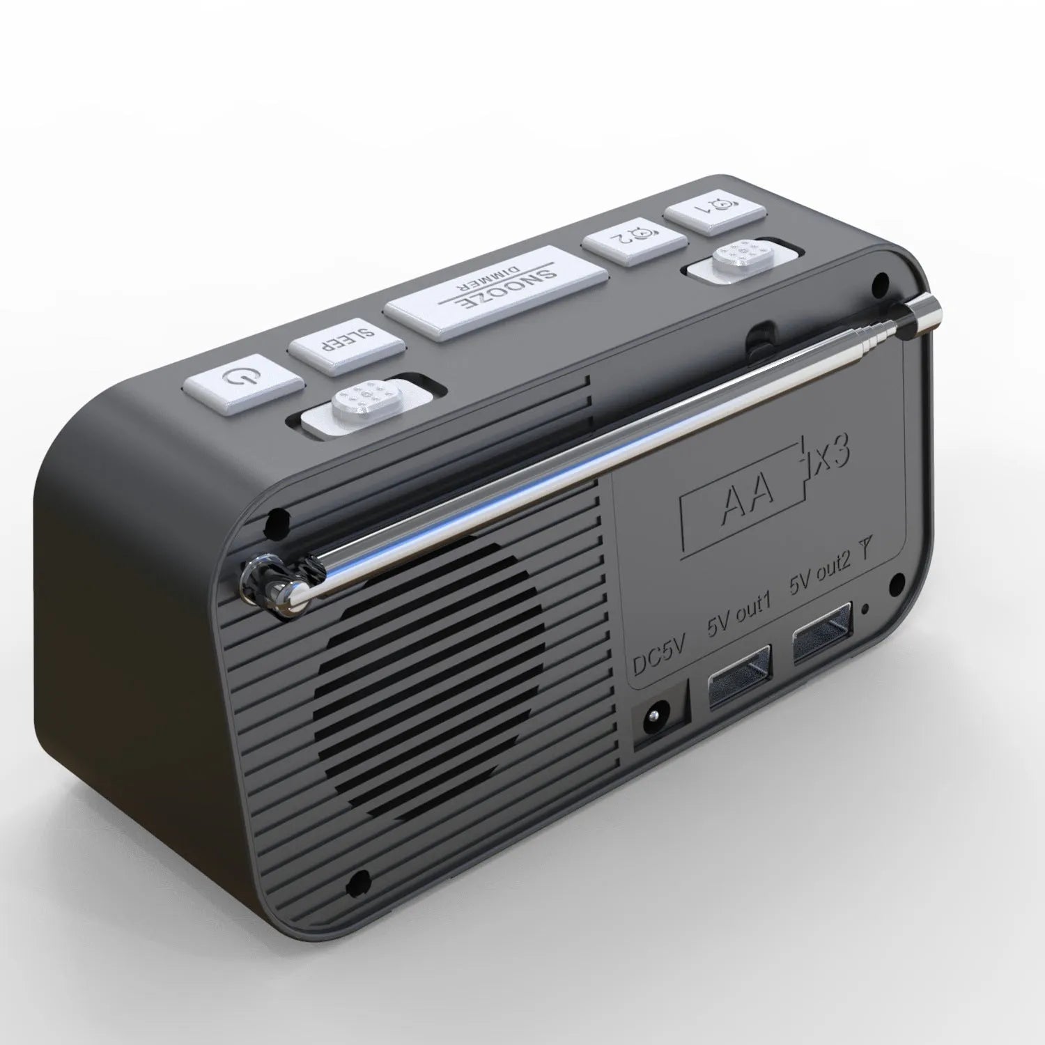 Black DAB digital radio bedside alarm clock with large LED display and USB charging ports