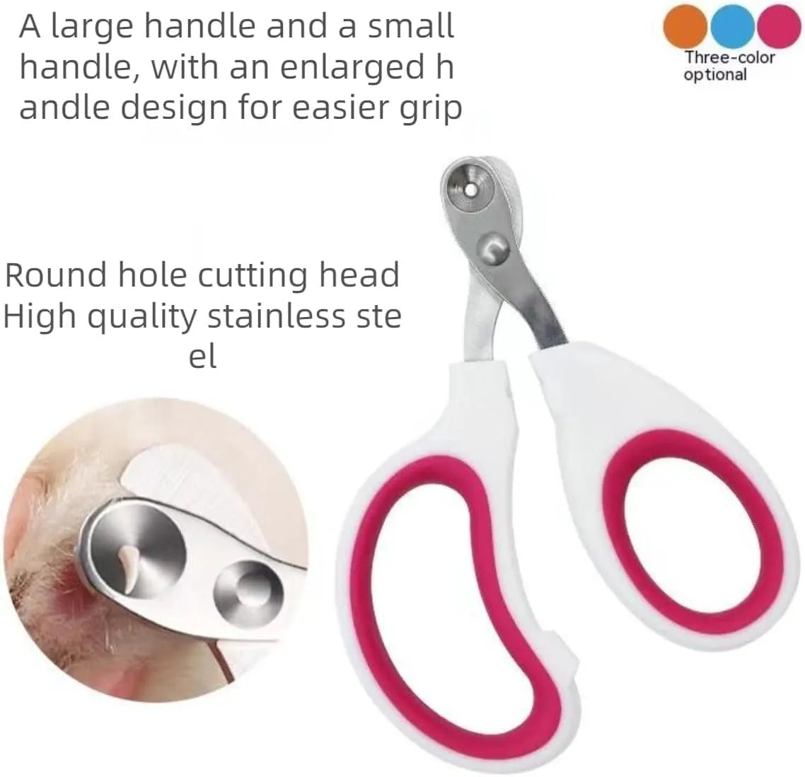 Blue pet nail clippers with circular hole design and cushioned handle on a white background.