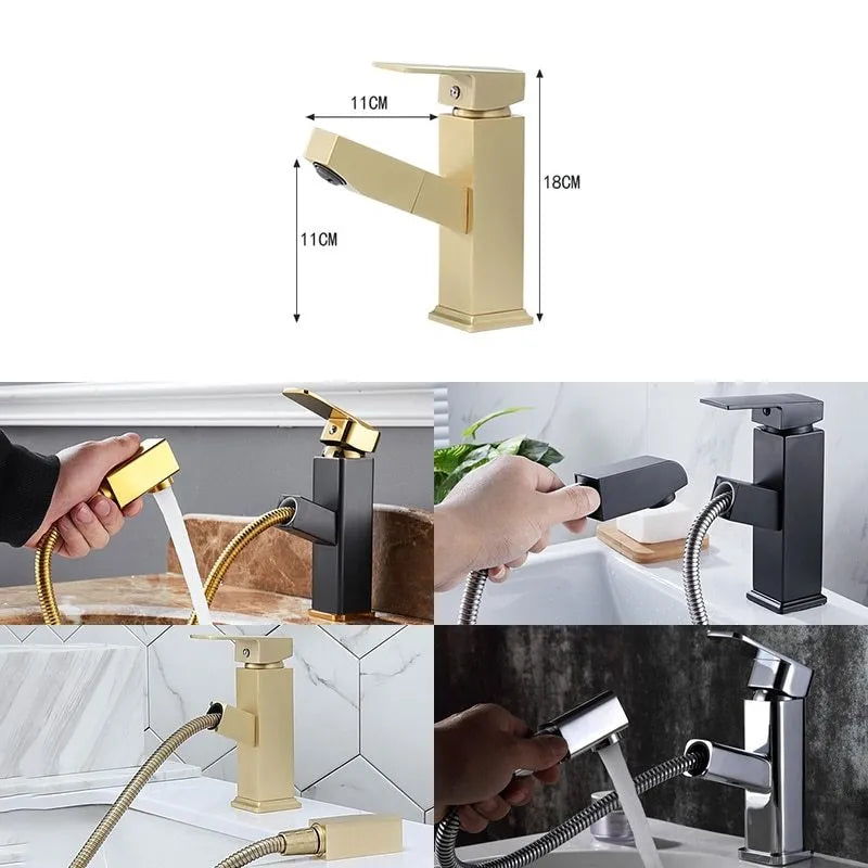 Square handle brushed gold pull faucet with brass construction on a sink.
