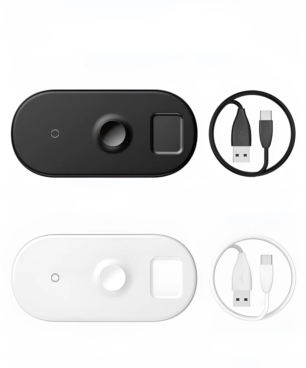 Smart three-in-one wireless charger for phone, watch, and earphones, shown in black on a desktop with a smartphone placed on the pad