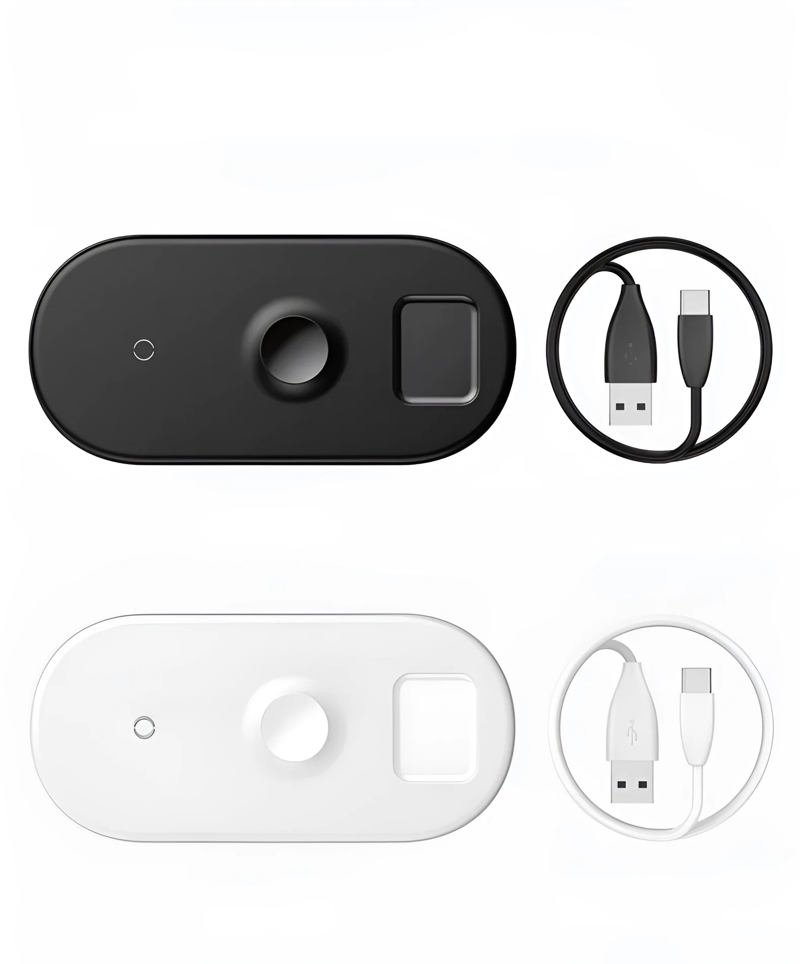 Smart three-in-one wireless charger for phone, watch, and earphones, shown in black on a desktop with a smartphone placed on the pad